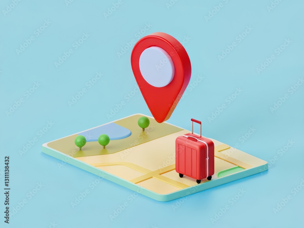 Aufkleber 3d illustration of a red location pin on a map with a suitcase for travel and navigation themes