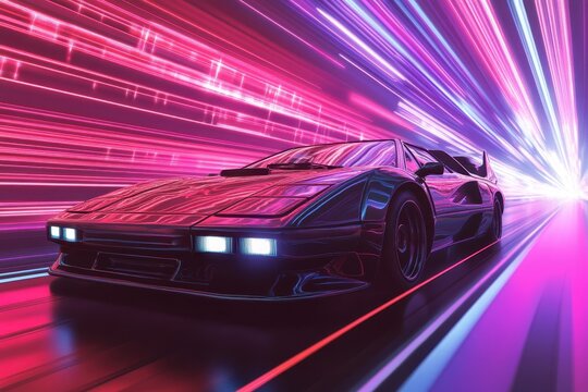 Retro sports car speeding through neon-lit tunnel
