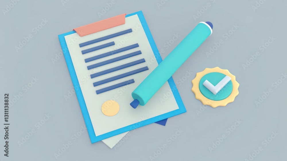 Poster creative representation of document with pen and verification seal on a soft colored background