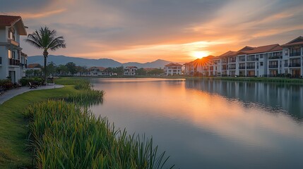 Sunset over Luxury Lakefront Residences Modern Architecture Tranquil Vacation Getaway