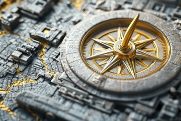 Obraz premium Golden needle compass, navigation icon, textured map isolated.