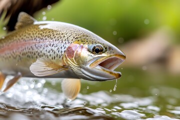 Fototapeta premium A vibrant rainbow trout splashes in the water, showcasing its colorful scales