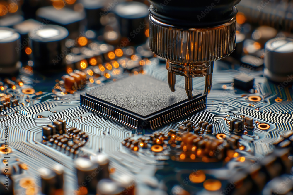 Poster close up of semiconductor being placed on circuit board, showcasing intricate details and technology