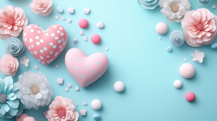 Obraz premium Colorful Romantic Hearts and Flowers Arrangement on a Soft Blue Background for Celebrations