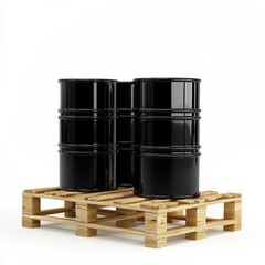Global oil trading and investments, 3D barrels, white backdrop.