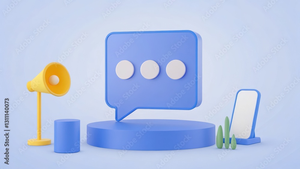 Poster colorful 3d speech bubble design with megaphone and smartphone in minimalist setting
