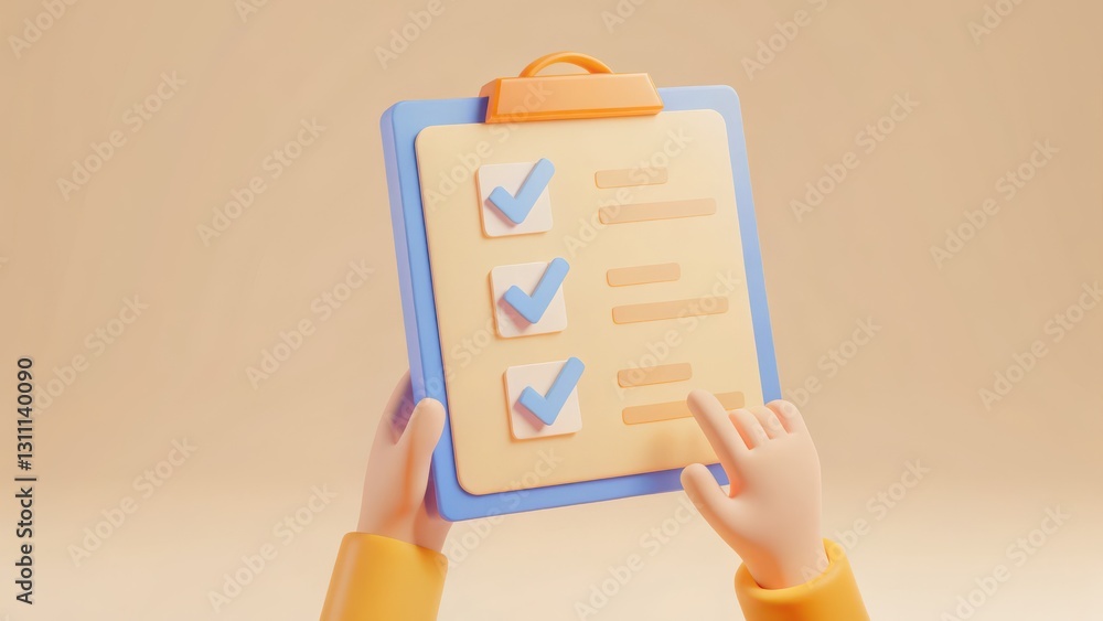 Poster colorful 3d checklist with completed tasks in hands against a soft beige background