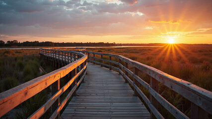 Fototapeta premium boardwalk at a coastal marsh sunset tranquility, ease of access, and a strong bond between visitors and surrounding natural environment, including marsh grasses and aquatic life