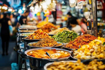 A bustling international food market, showcasing exotic street foods, traditional dishes, and colorful spices from around the world