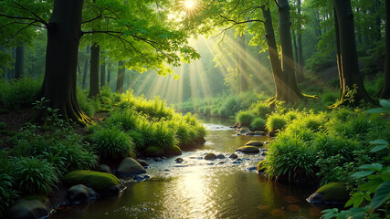 Obraz premium Serene Meandering Brook Flowing Through Green Forest, Sunlight Filtering Through Foliage to Create a Mesmerizing Display on the Tranquil Water Surface