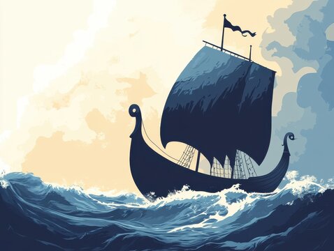 Voyage of the Viking Ship: A stylized illustration of a Viking longship sailing across the ocean under a dramatic sky, embodying adventure and exploration.