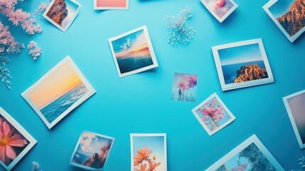 Assortment of Instant Photos and Floral Decorations on a Blue Surface