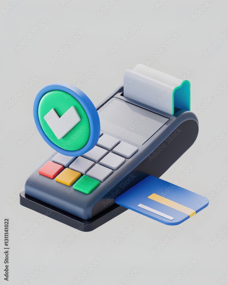 Poster 3D Render of a Payment Terminal with Card Reader and Checkmark Symbol for Digital Transactions