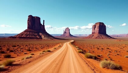 Naklejka premium Empty dirt road cuts through vast Monument Valley, sandstone buttes loom , vast, tracks
