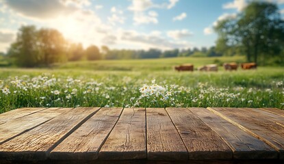 Rustic Wooden Table in Sunny Field with Cows and Daisies