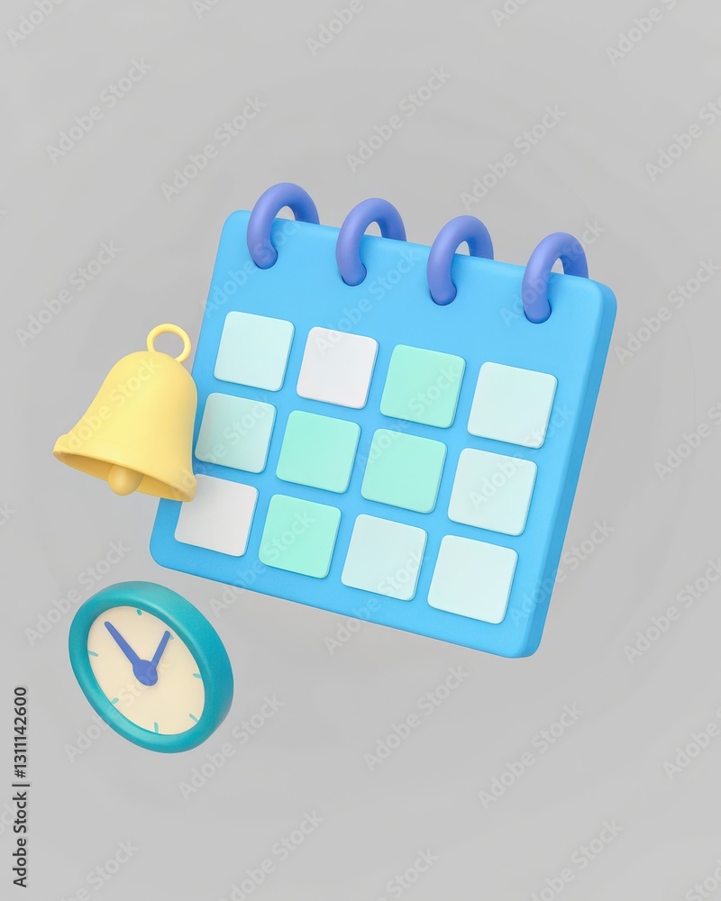 Poster colorful 3d calendar with bell and clock illustrating time management and scheduling concept
