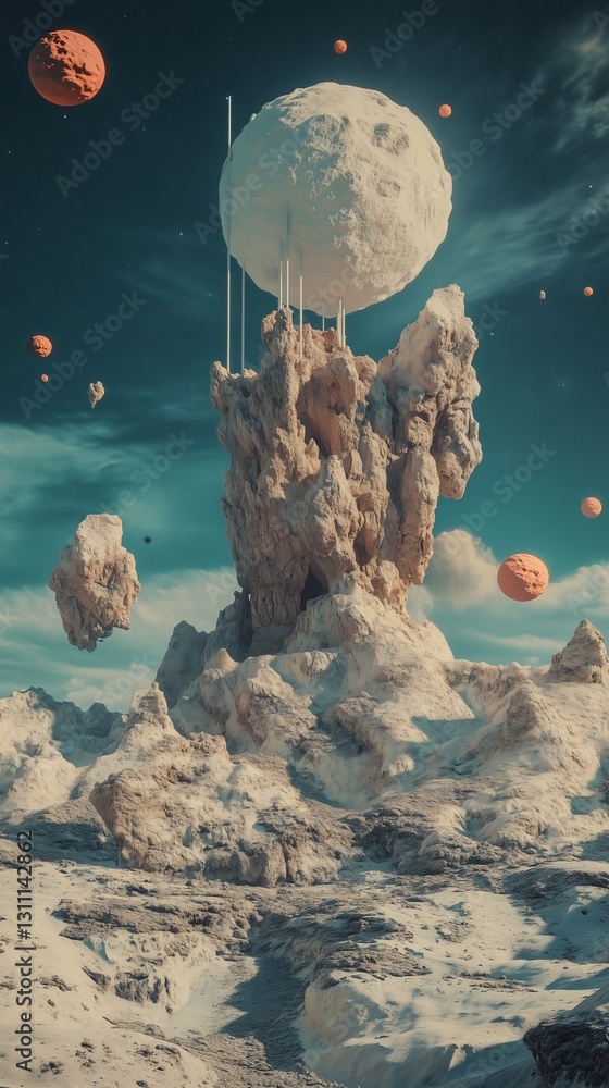 Poster ai-generated abstract art surreal landscape with floating celestial bodies and otherworldly formatio