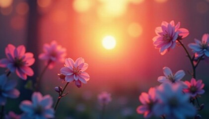 Vibrant sunrise bokeh, sun flares and pastel colors, defocused, soft, bright