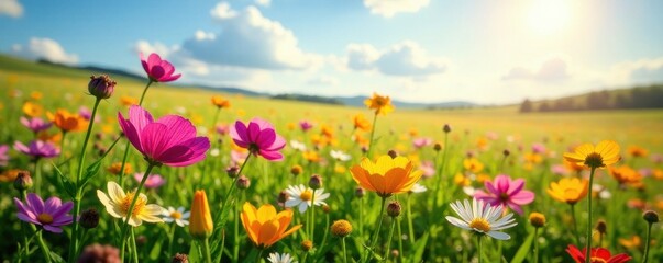 Obraz premium Vibrant wildflowers carpet sun-drenched field , day, summer day, rural