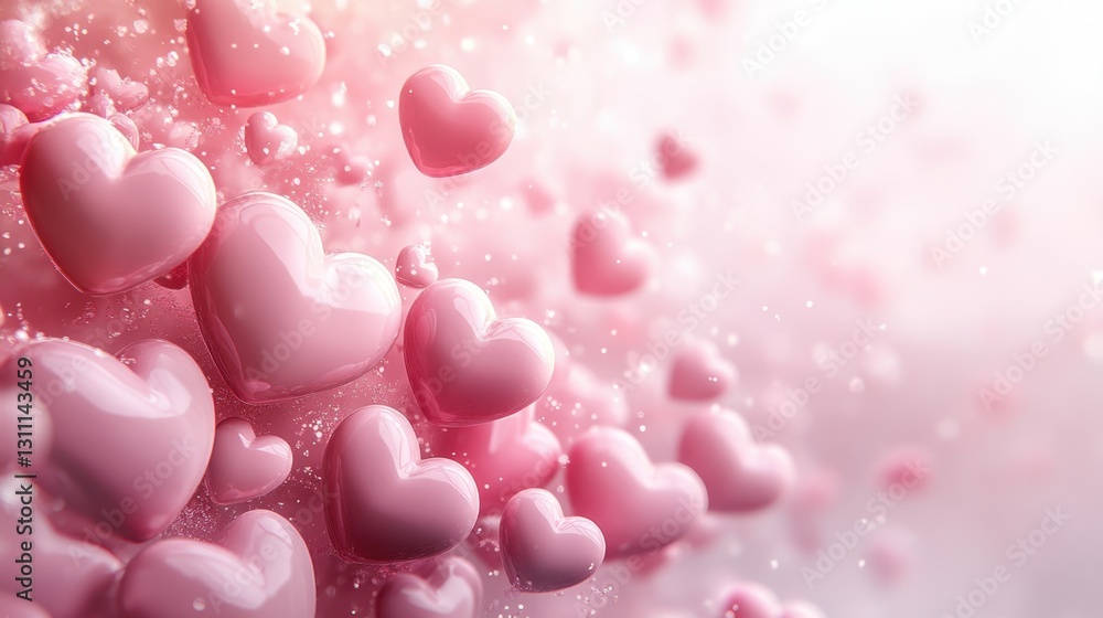 Poster a captivating array of pink hearts floating amidst a gentle dreamy background