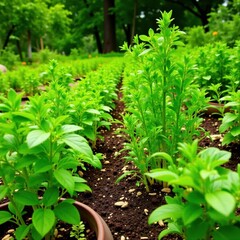 Obraz premium Flourishing herb patch, various herbs growing in raised beds, gardening, aromatic, thyme