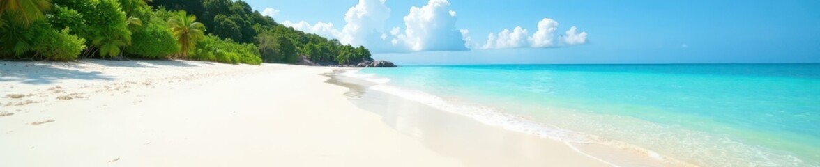 Fototapeta premium Immaculate white sand, gently lapping waves on a Thai beach , vacation, landscape