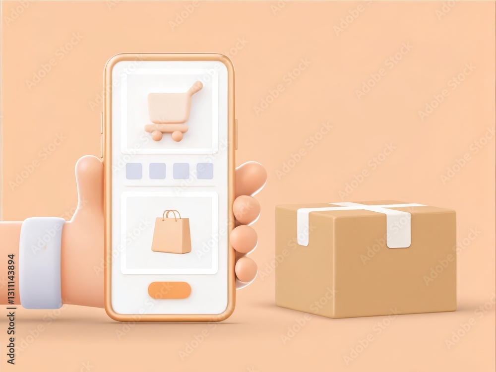 Poster hand holding smartphone displaying shopping app with delivery box close up on light background
