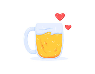 illustration of a glass of beer with a heart symbol. orange or pineapple juice. yellow colored and alcoholic drink. New Beer’s Eve or national beer day. flat style design with grain texture. elements