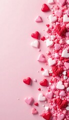 Pink, red, and white heart sprinkles on a pastel background, close-up, white, festive