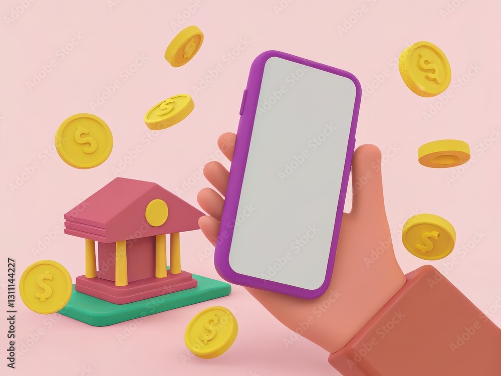 Poster hand holding smartphone with floating coins and small bank model in a simplistic style