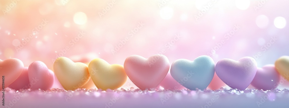 Poster colorful soft hearts arranged in a gracious line with a dreamy background and bokeh effect