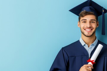 Young Man In Blue Graduation Attire, Happy Smile.