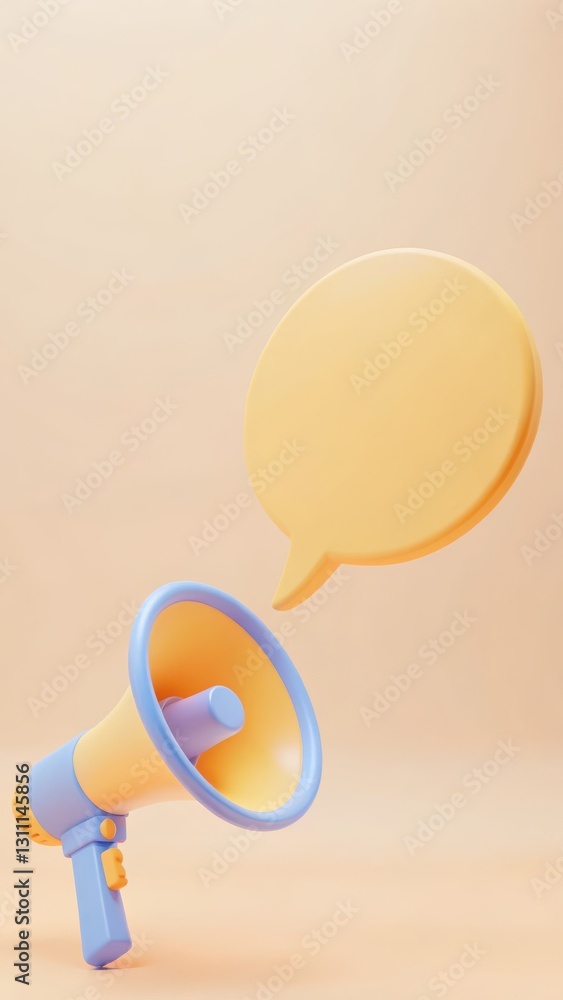 Poster colorful megaphone with speech bubble on plain background signifying communication and expression