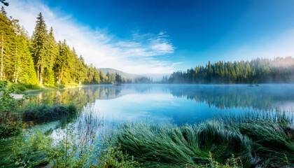 Lakeside Serenity: A serene lake reflects the surrounding lush green trees under a vibrant blue sky, the water's surface shimmering with a soft morning mist. Capturing the beauty of nature.
