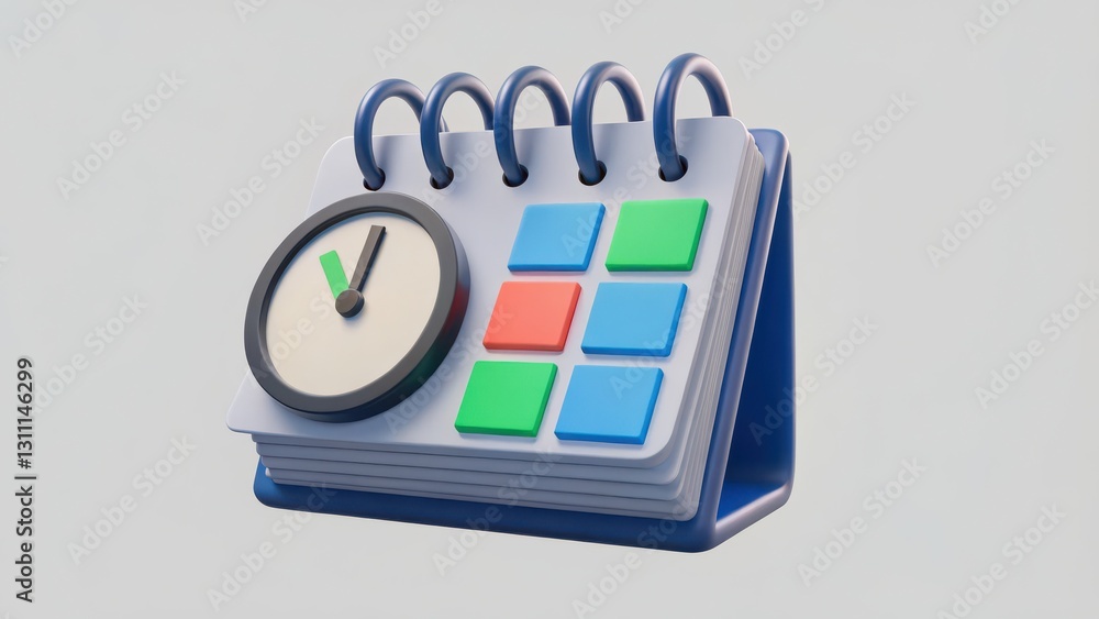 Poster modern calendar design with clock and colorful buttons for scheduling and time management