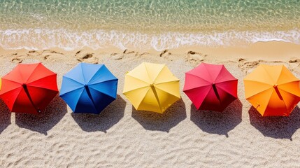 Colorful beach umbrellas lined up on a sandy shore, space for text