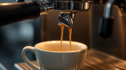 A coffee machine is pouring coffee into a white cup
