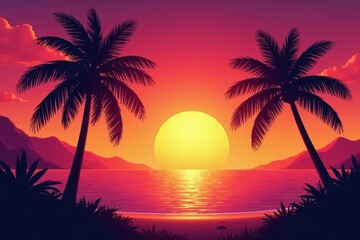 Silhouetted palm trees against a blazing sunset over a tranquil ocean , orange, picturesque