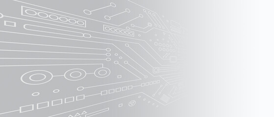 Circuit board chip pattern bursting out on gray and white background. Gradient with copy space