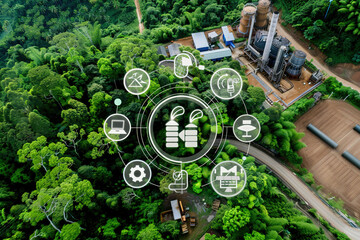 Aerial view of industrial plant with digital interface analytics overlay, surrounded by vibrant green fields