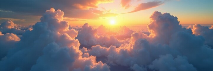 Vast, swirling cloudscape above a sunlit Earth , divine, serene