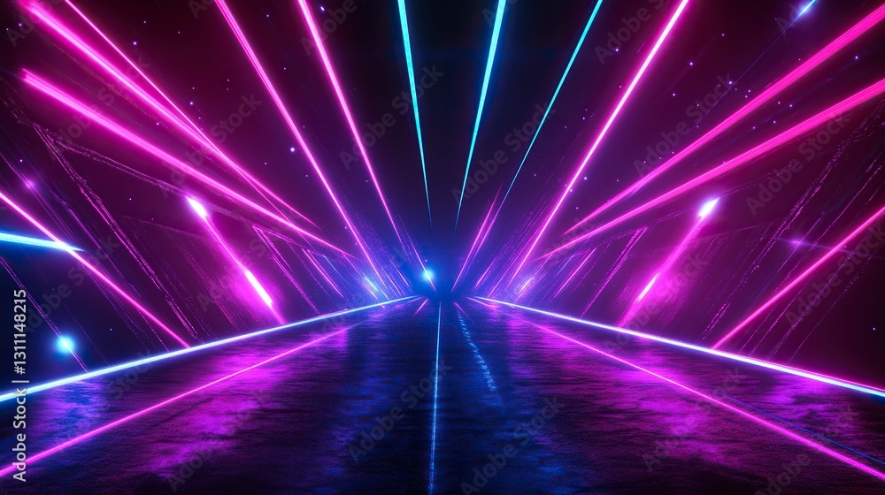 Poster abstract background with neon lines and glowing elements on a black backdrop, empty space for design