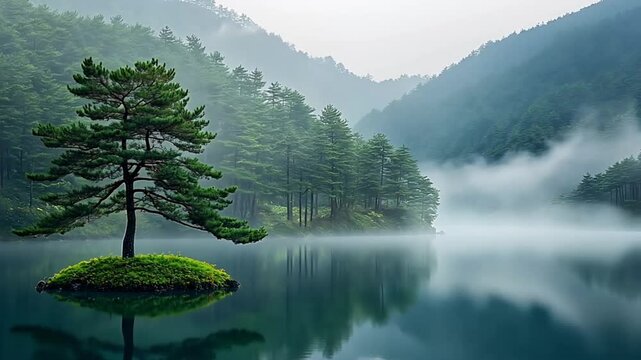 Misty mountain lake with solitary tree island. Peaceful nature scene. Ideal for wallpaper or nature screensaver