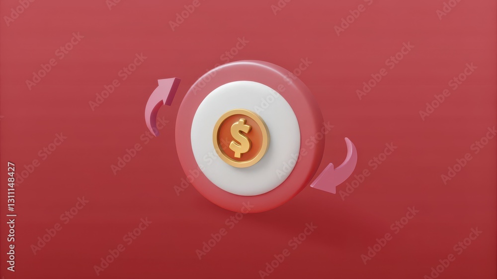 Poster rotating coin with dollar sign on a circular background, modern finance concept in minimal style