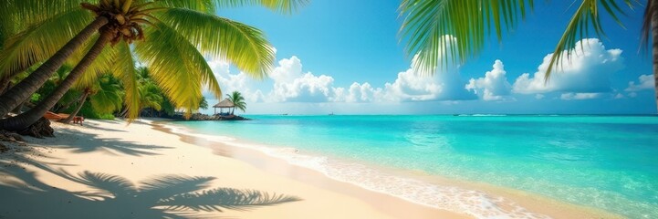 Naklejka premium Golden sand, crystal clear water, lush palm trees , water, white