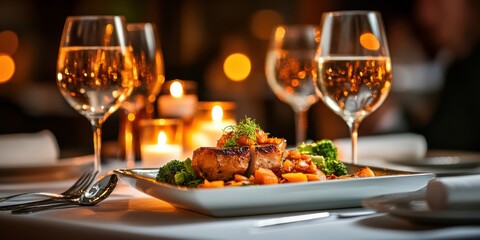 Elegant dinner setting with fine dining and polished silver details Generative AI