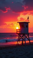 Lifeguard stand silhouetted against vibrant sunset over tranquil sea , evening, orange, scenic