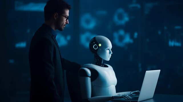 A man stand working with ai robot , theylooking  computer in his lap , realistic video.