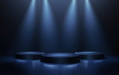 Abstract background with three pedestals for product presentation on a dark blue-lit setting, a technology and showcase concept vector illustration design. 8K, hyper-realistic, super-detailed, high-re