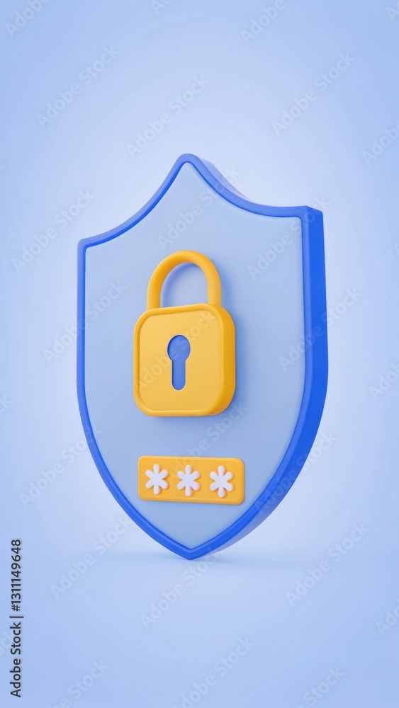 Poster colorful shield with lock icon and password symbols for security concept on blue background